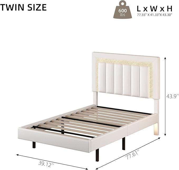 HOMBCK Floating Twin Bed Frame with Smart LED Lights, Faux Leather Upholstered Platform Bed with Diamond Headboard, No Box Spring Needed, Noise-Free, Easy Assembly, White