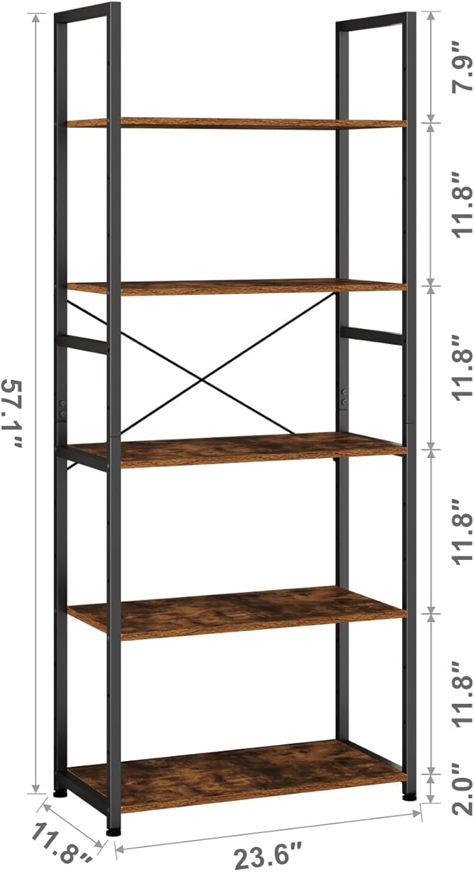 Book Shelf, Adjustable 5-Tier Tall Bookshelf, Wooden Bookcase Shelves for Bedroom, Living Room, Display Shelf for Home, Office, Kitchen, Standing Shelving Unit Storage Organizer BC-BR-5