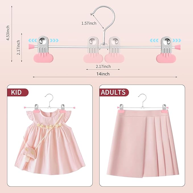 14Inch Pants Hangers with Wide Clips 30 Pack Adjustable Skirt Hangers for Women Non-Slip Clothes Hanger for Pants Heavy Duty Space Saving Trousers Hanger for Jeans,Shorts Pink