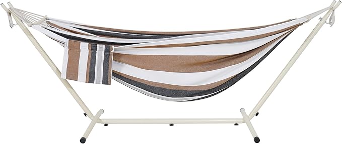 LazyDaze Hammocks Double Hammock with Stand - 2 Person Heavy Duty Outdoor Hammock for Adults, Includes Durable Steel Stand, Portable Carrying Bag and Pillow, Brown Stripes