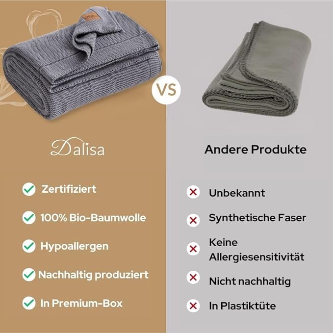 Dalisa 100% Organic Turkish Cotton Throw Blanket - GOTS Certified, Cozy - Perfect for Couch, Bed, and Home Decor - Boho Vintage Knit Alina (Dark Grey, 50x60)