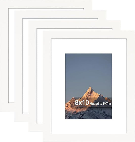 8x10 Picture Frame Set of 4, High Definition Real Glass, Display Pictures 5x7 with Mat or 8x10 Without Mat, Gallery Wall Hanging or Tabletop Photo Frames, White