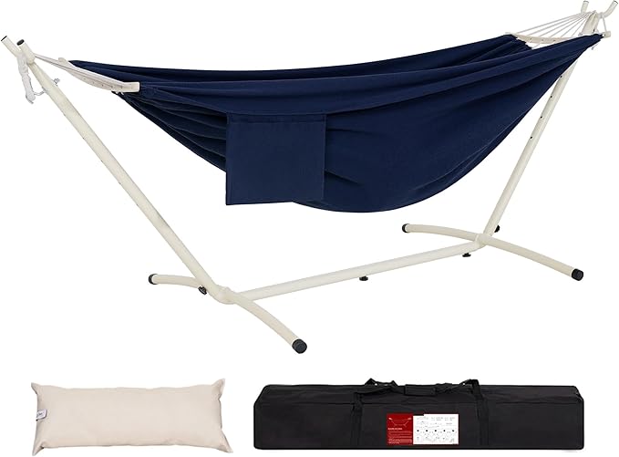 LazyDaze Hammocks Double Hammock with Stand - 2 Person Heavy Duty Outdoor Hammock for Adults, Includes Durable Steel Stand, Portable Carrying Bag and Pillow, Navy Blue