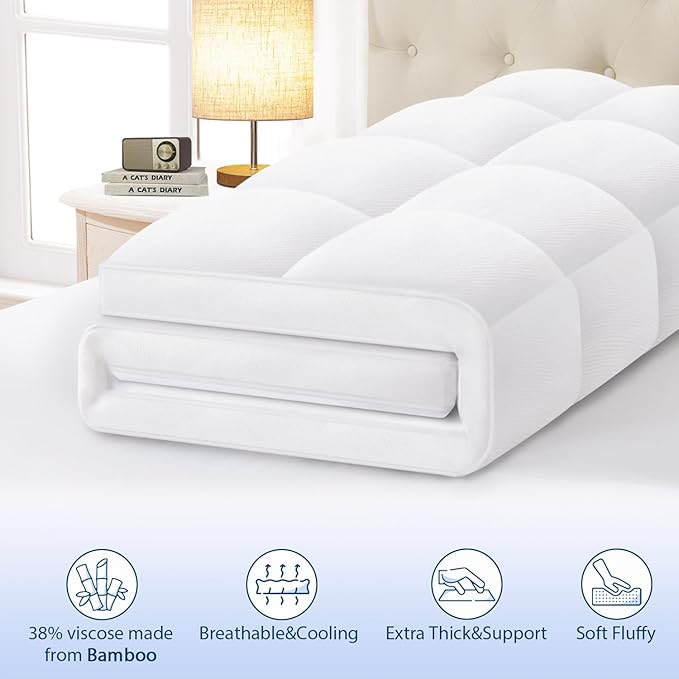 ELEMUSE California King Cooling Bamboo Viscose Mattress Topper for Back Pain, Extra Thick Mattress Pad Cover, Plush Soft Pillowtop with Elastic Deep Pocket, Overfilled Down Alternative Filling