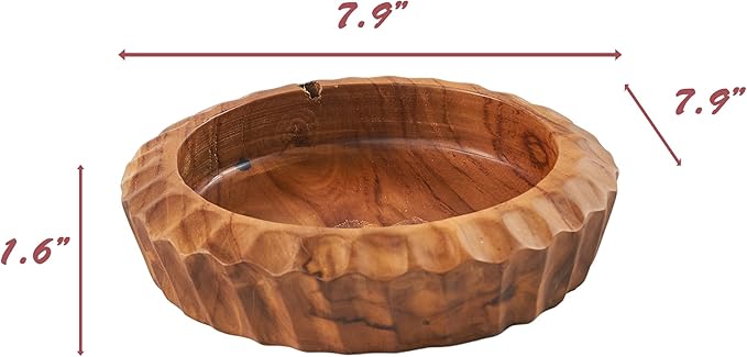 Teak Handcrafted Wooden Bowls Natural Wood Round Utility Bowl 7.9" W Handmade Rustic Serving Platter Fruit Snack Holder for Entry Table Vintage Artworks Dining Room Home Décor