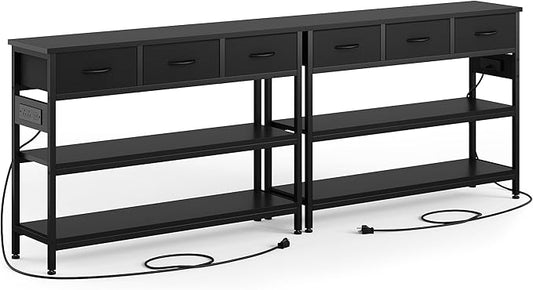Lulive 2 Pack Entryway Table with Power Outlets, Console Table with 3 Fabric Drawers, Sofa Table for Living Room, Hallway, Couch, Foyer, Height Adjustable