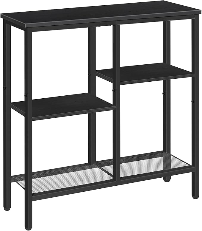 HOOBRO Narrow Console Table, Sofa Table, 4-Tier Industrial Hallway Table with Metal Mesh Shelf, Entryway Table with Adjustable Feet, for Entryway, Living Room, Hallway, Black BB79XG01