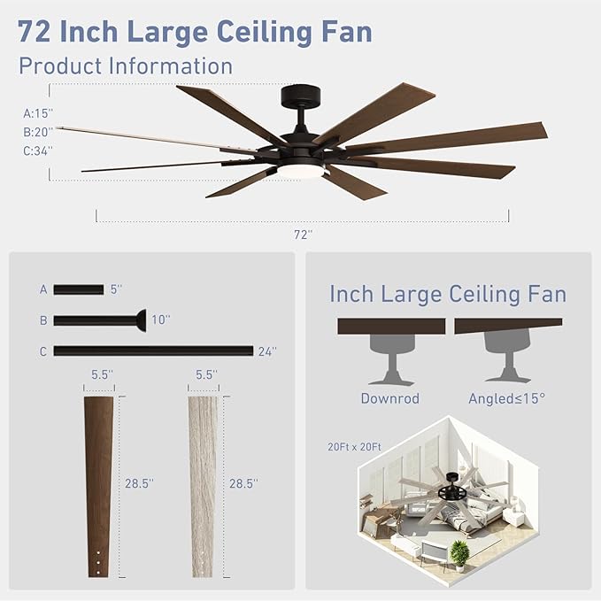 72 Inch Smart Ceiling Fan with Light and Remote, Walnut Ceiling Fan with Quiet Reversible DC Motor, Control Via WiFi Alexa App, 3CCT Dimmable Large Indoor/Outdoor Ceiling Fans for Patio Garage