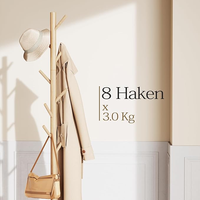 Pipishell Coat Rack Sturdy Wooden Coat Rack Stand, Adjustable Coat Tree, Free Standing Tree Hanger with 4 Sections & 8 Hooks, for Home/Bedroom/Office/Hallway/Entryway