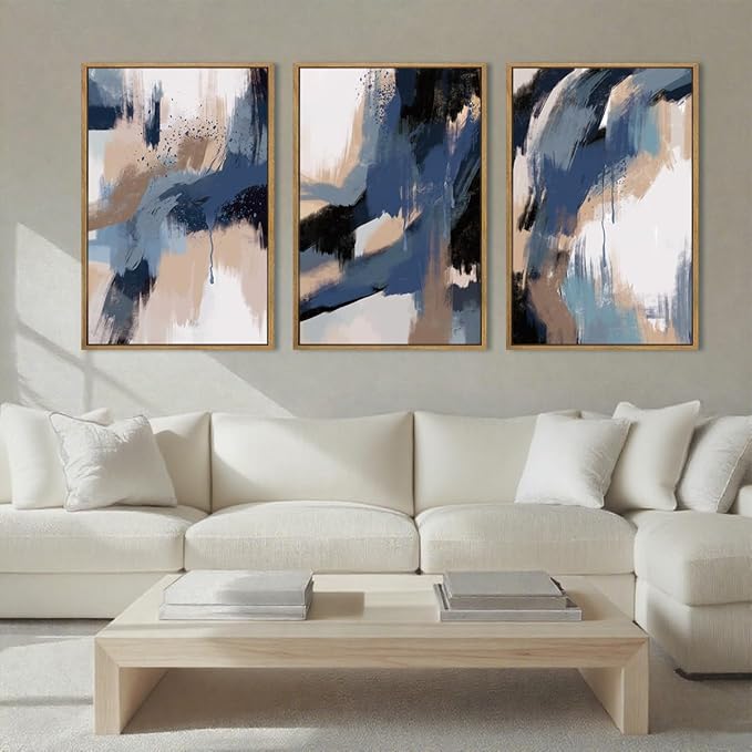 Extra Large Blue Neutral Wall Art Decor Modern Abstract Wall Painting Framed Artwork for Living Room Bedroom Office 24x36 Inch Set of 3