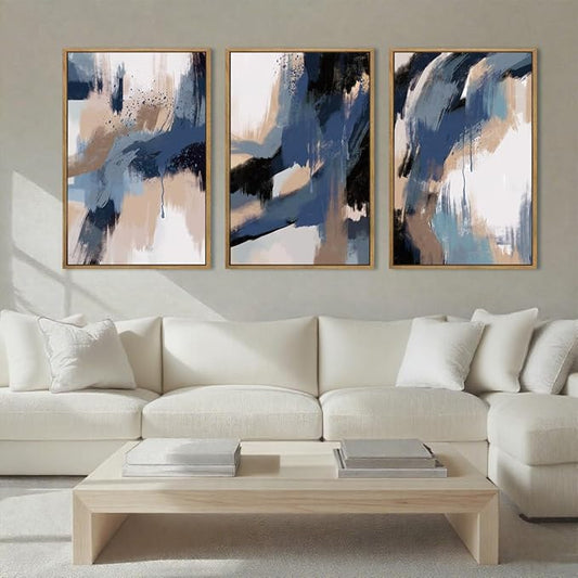 Extra Large Blue Neutral Wall Art Decor Modern Abstract Wall Painting Framed Artwork for Living Room Bedroom Office 24x36 Inch Set of 3