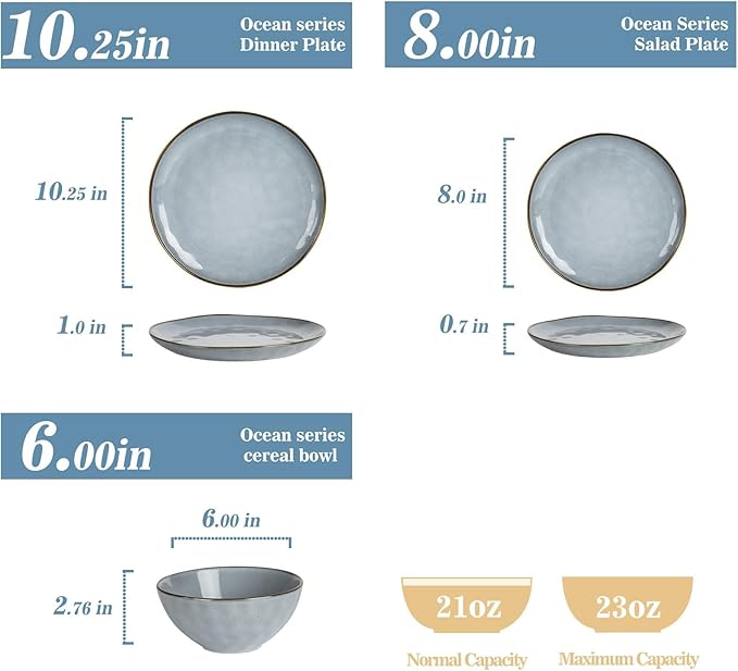 Famiware Dinnerware Sets for 8, Ocean Round 24-Piece Kitchen Plates and Bowls Sets, Reactive Glaze, Microwave and Dishwasher Safe, Scratch Resistant, Blue