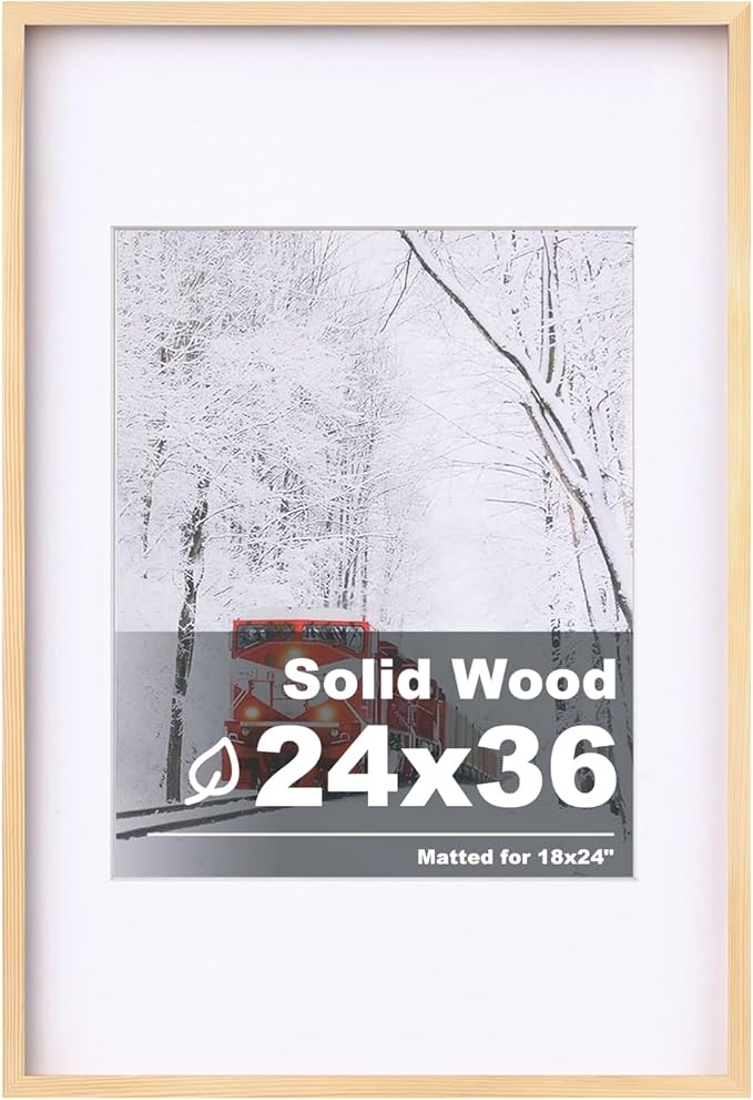 Egofine 24x36 Solid Wood Picture Frame, Made of Solid Wood Covered by Plexiglass 18x24 with Mat 24x36 without Mat, Poster Frame for Wall Mounting Photo Frame Vertically or Horizontally, Natural Wood