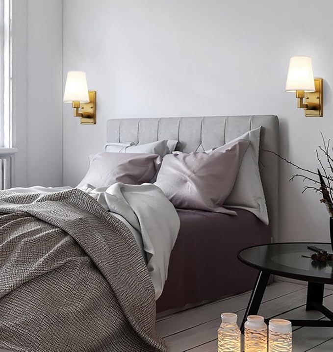 Wall Sconce 1-Light Fixture Antique Finish with White Fabric Shade, E26 Hardwired Indoor Wall Light for Vanity Bathroom Living Room Bedside Nightstand Light