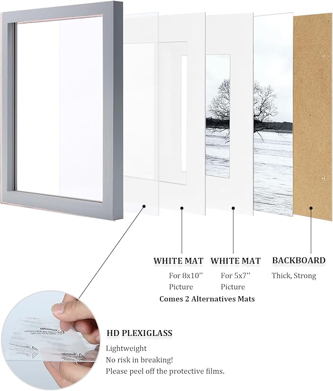 Egofine 11x14 Picture Frame Made of Solid Wood with Plexiglass, Display Pictures 5x7/8x10 with Mat or 11x14 Without Mat, for Table Top Display and Wall Mounting Photo Frame, Light Grey