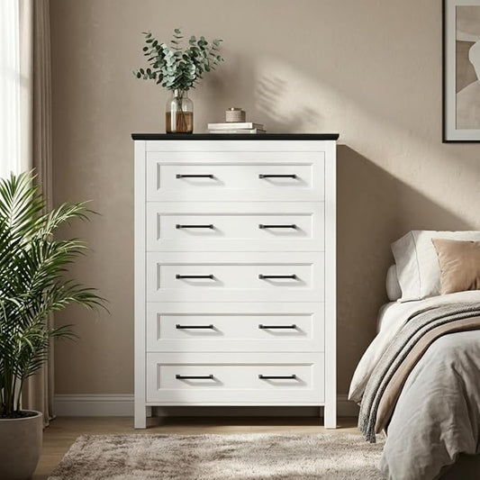 JUMMICO White Dresser Tall for Bedroom,Wooden 5 Drawer Dresser for Nursery,Chest of Drawers for Bedroom, Closet Storage Organizer for Living Room, Hallway, Closet (Black&White)