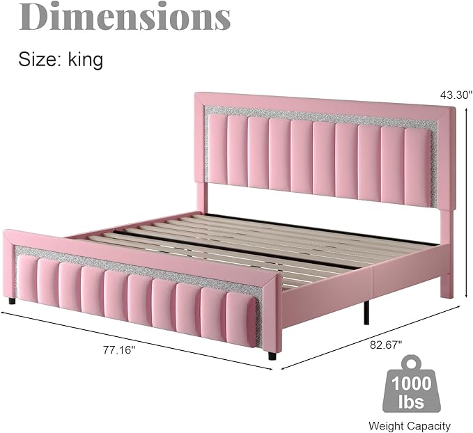 HOMBCK King Size Bed Frame, Velvet Upholstered Bed with Diamond Headboard, Modern Bed King Szie with Wooden Slats Support, No Box Spring Needed, Easy Assembly, Pink