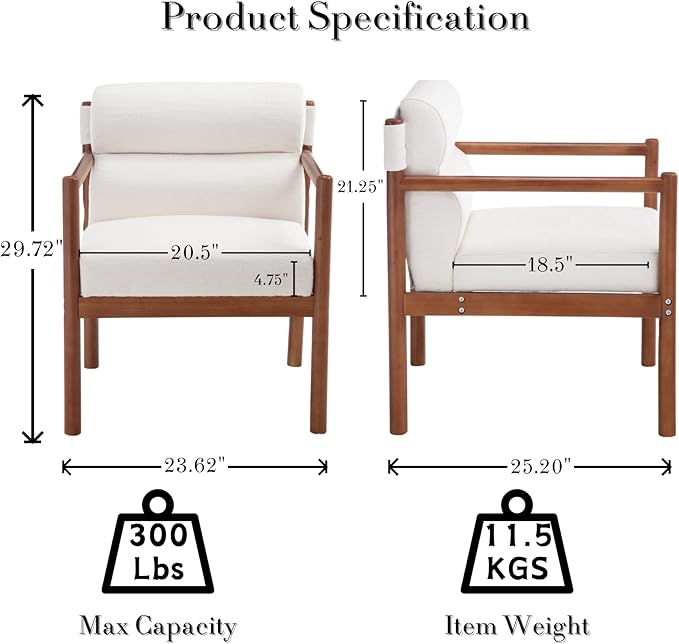 Modern Living Room Chairs Set of 2, White Upholstered Accent Chairs with Channel Tufted Back, Brown Wood Lounge Reading Arm Chairs, Linen Fabric Side Sitting Chairs for Guest Room, Balcony