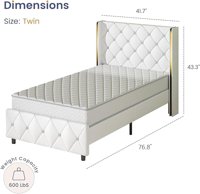 Twin Bed Frames with Headboard, Bed Frame Twin with Diamond Tufted Design, Upholstered Platform Bed with Wingback, No Box Spring Needed, Easy Assembly, White