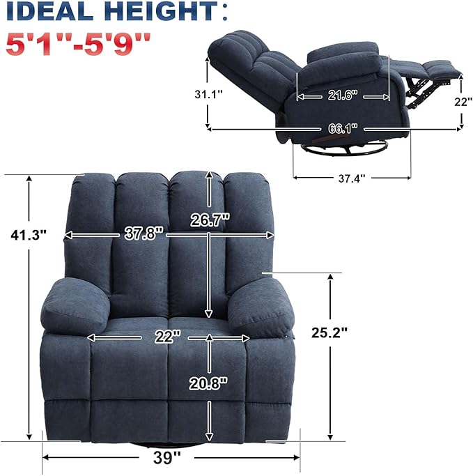 Oversized Recliner Chair, 360° Swivel Rocker Recliner for Big Man, Extra Wide Manual Recliner, Overstuffed Soft Rocking Sofa Chair, Overstuffed Soft Rocking Sofa Chair for Living Room(Grey)