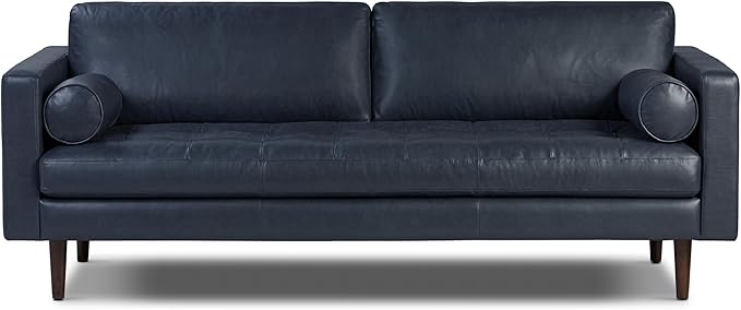 Poly & Bark Napa Leather Couch - 88.5-Inch Office Sofa with 2 Bolsters - Full-Grain Leather Sofa for Living Room with Feather-Down Topper - Living Room Couch - Vintage Italian Leather in Midnight Blue