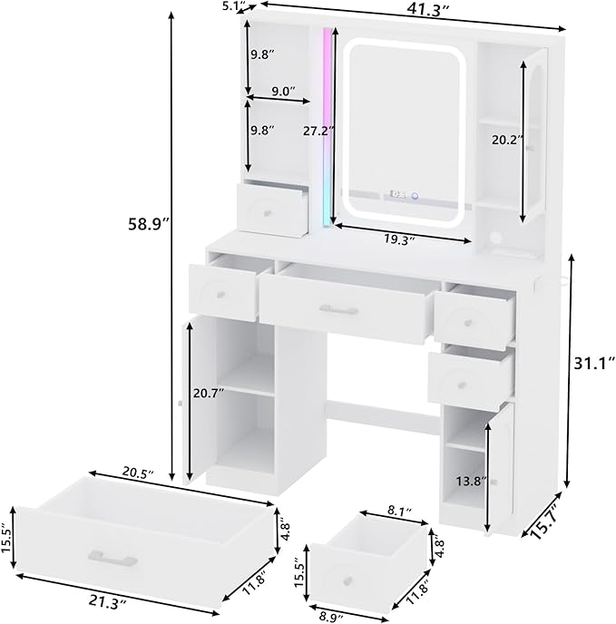 Fameill White Vanity Desk with Mirror,Makeup Vanity with RGB Lights & Power Strip,Makeup Desk Vanity Table with 5 Drawers Lots Storage & Time Display,3 Lighting Modes LED Lighted Mirror,41.3in(L)