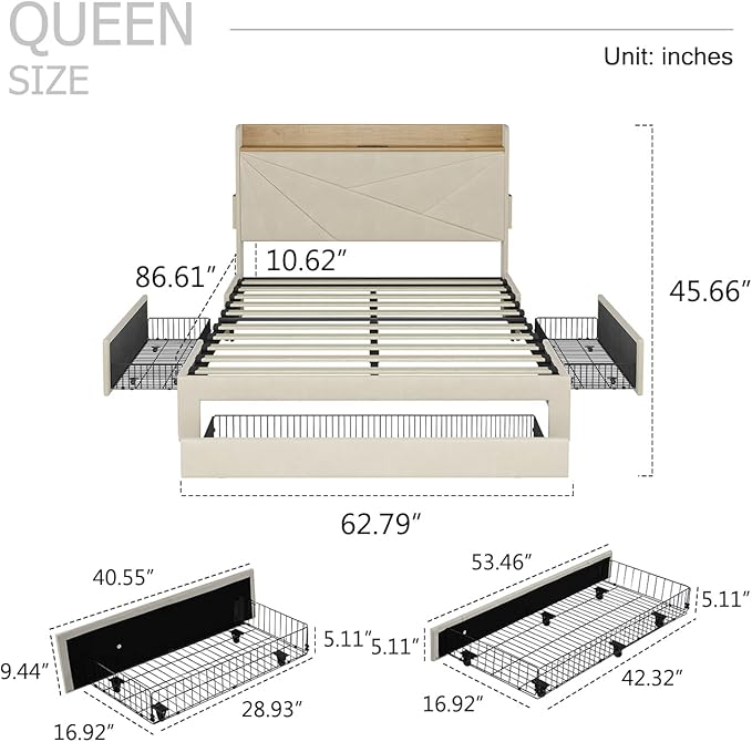 Queen Bed Frame with 3 Drawers, Upholstered Bed Frame Queen with Storage Headboard, AC USB & Type C Charge Station,Wooden Support Slats No Box Spring Needed Easy Assembly,Beige