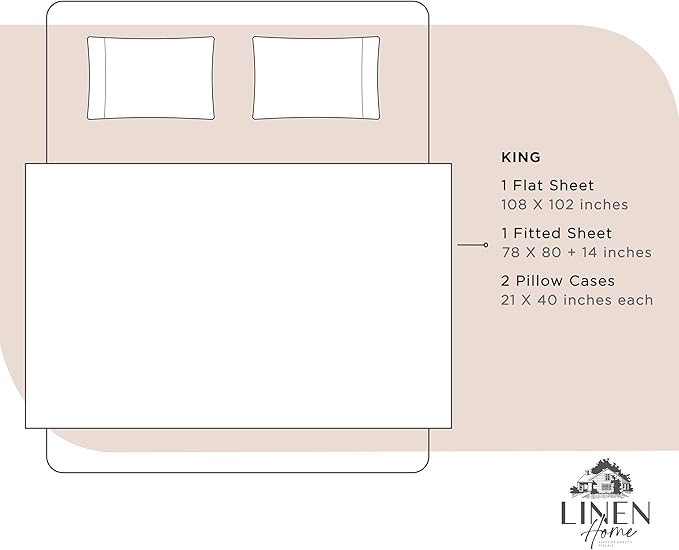 Linen Home 100% Cotton Percale Sheets King Size, Sand Shell, Deep Pocket, 4 Pieces Set - 1 Flat, 1 Deep Pocket Fitted Sheet and 2 Pillowcases, Crisp Cool and Strong Bed Linen