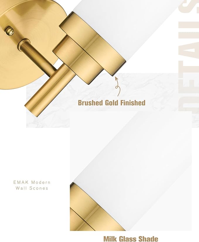 Emak Modern Wall Sconces, Brushed Gold Bathroom Lighting Fixtures with Milk Glass Shade, Vanity Lights for Bathroom, Mirror, Hallway, Bedroom, WS085-BGD-ML