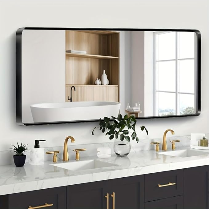 Black Bathroom Mirror 77X36 Inch, Black Metal Framed Mirror for Wall, Rounded Rectangle Matte Bathroom Vanity Mirror with Tempered Glass, Anti-Rust, Horizontal/Vertical