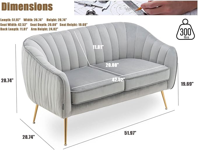 Velvet Couch Sofa Chairs for Two People, Modern Loveseat for Living Rooms, Bedrooms, Small Spaces, Golden Finished, Grey