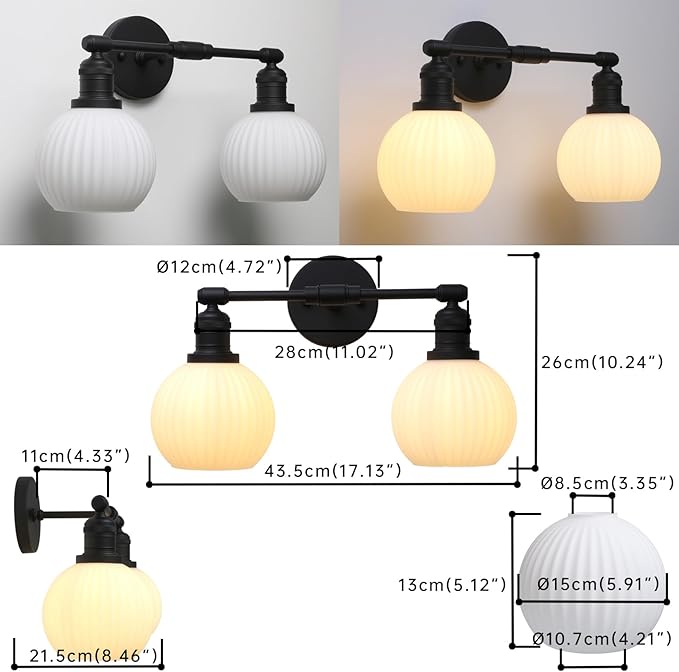 Vintage 2-Lights Wall Sconce with Milk White Glass Globe Shade, Hardwired Indoor Wall Light Fixture for Bathroom Vanity Living Room Bedroom