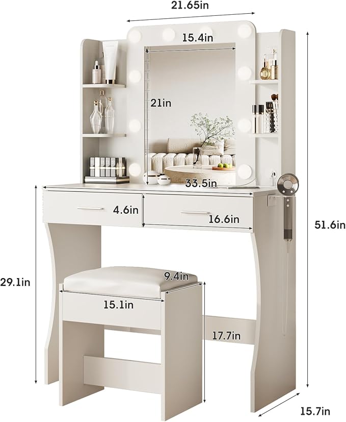 Maupvit Vanity Desk with Mirror and Lights,Makeup Vanity Table Set with Power Outlet,3 Lighting Modes & Adjustable Brightness Dressing Table with 2 Drawers for Bedroom Dressing Room,White