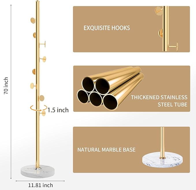 Modern Metal Coat Rack Stand with Natural Marble Base, Heavy Duty Coat Rack Freestanding with 8 Hooks, Golden Standing Coat Racks Hall Tree Stand for Bag, Jacket, Entryway Office