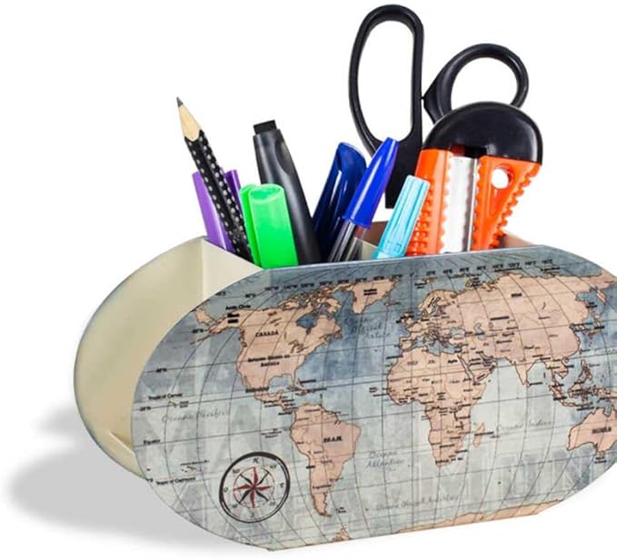GEGUTON Double Pen Holder with World Map – Steel, Multicolored, Vintage Style – Keeps Desks Organized, Inspires Travel Lovers, Ideal Gift – Fun Collection