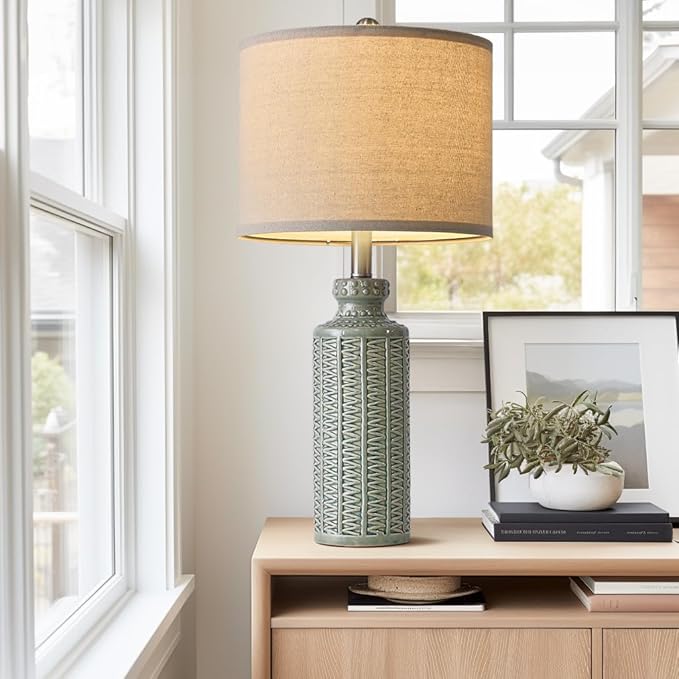 24.75'' Farmhouse Light-Green Ceramic Single Table Lamp for Bedroom Living Room Vintage Traditional Rustic Modern Nightstand Bedside Lamps