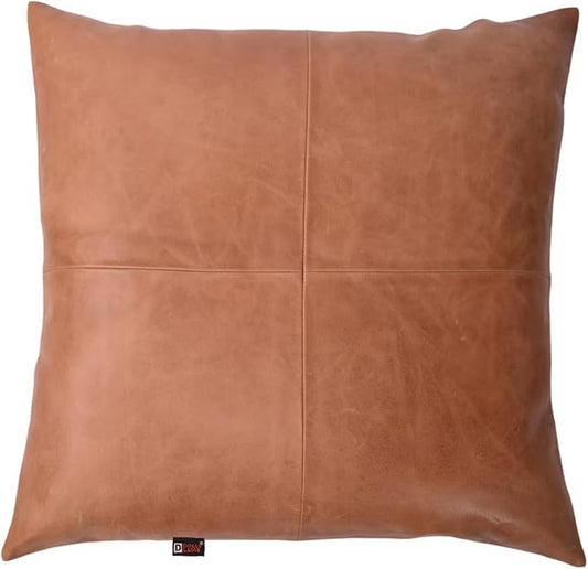 D DOLLY LAMB Lambskin Leather Pillow Cover - Sofa Cushion Case - Decorative Throw Covers for Living Room & Bedroom, 22x22 Inches - Antique Brown Plain