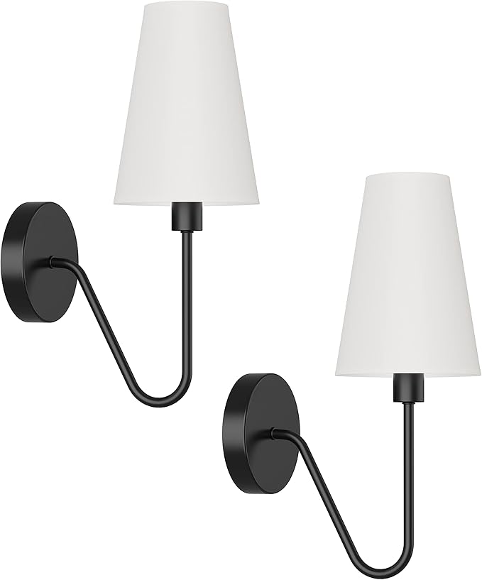 Electro bp;Single Head Classic 1 Light Wall Sconce Lighting Fixture Black with Cream White Linen Fabric Lamp Shades E12 40W Hardwired (Set of 2);