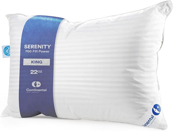 Continental Bedding | Serenity Goose Down Pillow | 700 Fill Power Hungarian White Down | 400TC Cotton Damask Shell | Made in USA | Soft, King (Pack of 1)