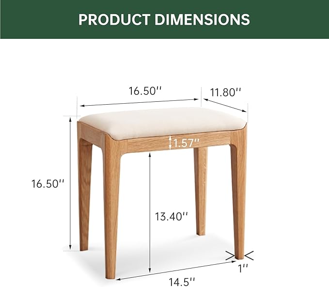 Solid Wood Small Vanity Stool Chair, High-Rebound Sponge Seat, Fully Assembled Makeup Chair, Footstool for Bedroom, Dining Room, Entryway, Natural Oak