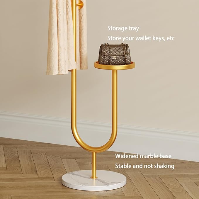 Coat Rack,Metal Free Standing Coat Stand with marble base, Hall Coat Tree with 6 Hooks and Storage Tray,68.9 Inch Tall, for Coats, Hats, Bags, for Entryway, Hallway, Bedroom (gold)