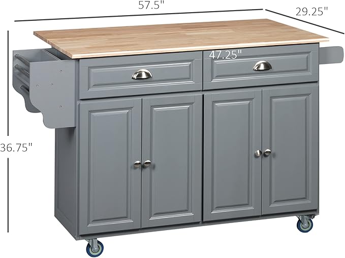 HOMCOM Rolling Kitchen Island Cart with Drop Leaf, Kitchen Cart on Wheels with Rubber Wood Top, 2 Drawers and 2 Storage Cabinets, Island Table for Kitchen, Dining Room, Dark Gray
