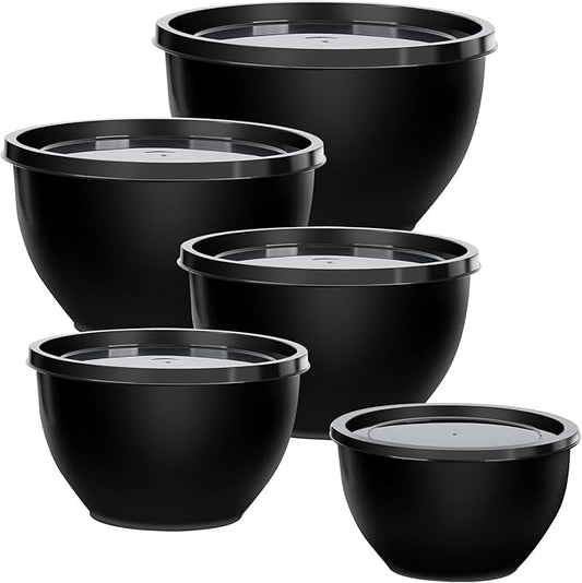 5-Piece Plastic Mixing Bowls with Lids Set for Kitchen, Nesting Bowls for Mixing, Baking, Prepping, Cooking and Serving Food, Black Mixing Bowls Dishwasher, Microwave Safe