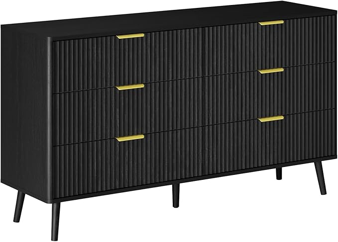 LYNSOM 55" Wide Fluted Dresser for Bedroom with 6 Drawer, Modern Chest of Drawers with Curved Profile Design and Metal Handles, Wood Dresser TV Stand & Storage Organizer for Living Room, Black