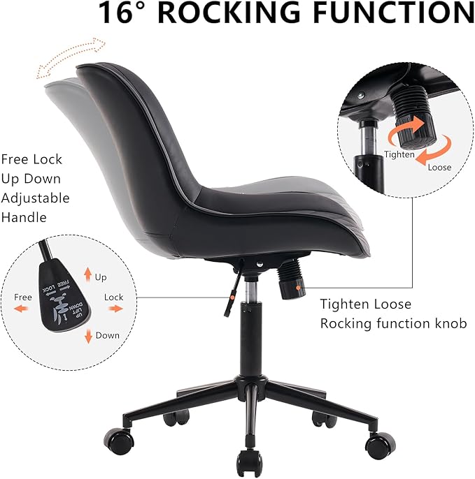 YOUNIKE Black Home Office Desk Chair Armless Comfy Small Ergonomic Rolling Vanity Chair with Wheels Wide Swivel Adjustable Modern Task Chair Back Cute Leather Upholstered Sewing Drafting Chair No Arms