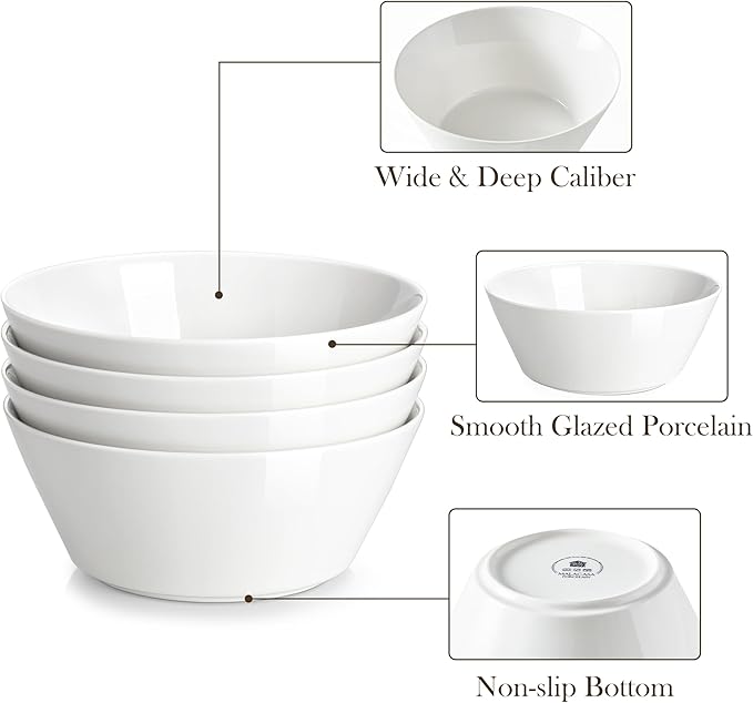 MALACASA 35 OZ Soup Bowls, White Porcelain Bowls Set of 4, Deep Bowl for Kitchen, Large Ceramic Bowls for Soup, Cereal, Salad, Ramen and Fruit, Dishwasher & Microwave Safe, Series Regular