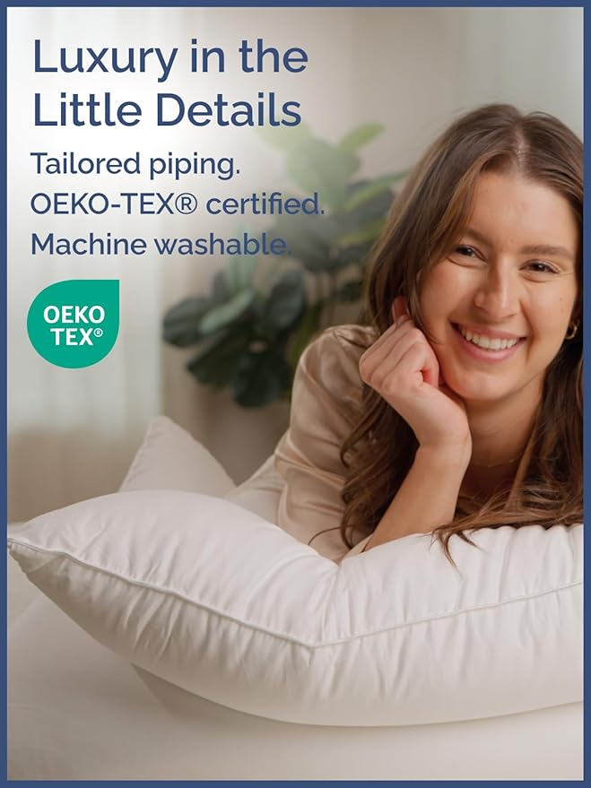 Bed Pillows Queen Size Set of 2 - 100% Cotton Breathable Cover - Premium Down Alternative for Side Sleepers, Back or Stomach - Soft Luxury Hotel Quality Pillows - Comfy, Cozy & Plush - Oeko-Tex, White