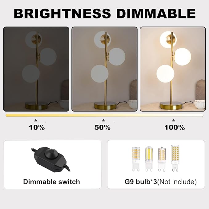 Modern Gold Globe Table Lamp Mid Century 3-Light Desk Lamp with Milk White Glass Shade Metal Base Nightstand Lamp for Bedroom Bedside End Table,G9 Bulb(Not Included)