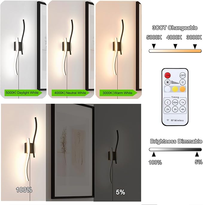 Modern Plug in Wall Sconce Set of 2, Black Dimmable LED Wall Light with Remote Control, 3CCT Adjustable & Memory Function, Timer, Plug in Cord Wall Lamp for TV Wall Living Room Hallway Bedroom