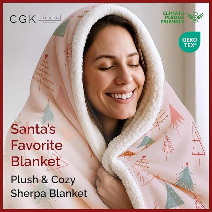 Christmas Sherpa Blanket Throw Size - Reversible Sherpa Fleece Blanket - Super Soft Double Sided Throw for Bed, Sofa, Couch - Thick, Cozy & Plush - Xmas Winter Bedding - Christmas Trees, Pink, 50x60
